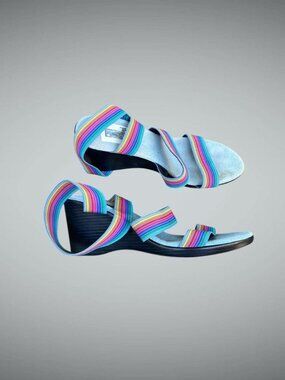 San Miguel Rainbow Stretch Ankle Strap Wedge Sandals Size 8